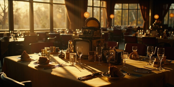 Elegant restaurant table setting with vintage television memorabilia and fine dining arrangements