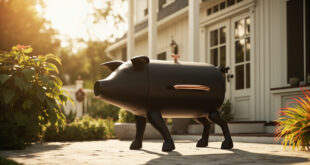 Pig-shaped pellet grill on wooden deck with farmhouse yard in background