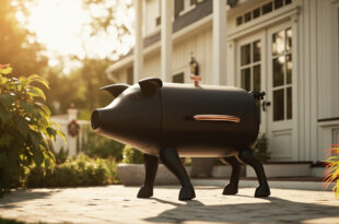 Pig-shaped pellet grill on wooden deck with farmhouse yard in background