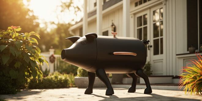 Pig-shaped pellet grill on wooden deck with farmhouse yard in background