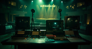 Dark television control room with silent equipment and empty chairs facing blank monitors.