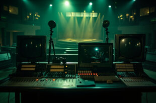 Dark television control room with silent equipment and empty chairs facing blank monitors.