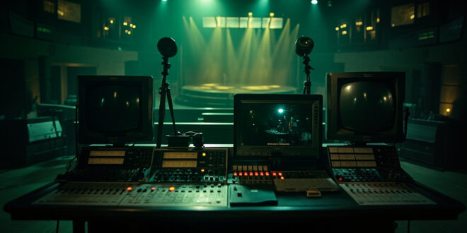 Dark television control room with silent equipment and empty chairs facing blank monitors.
