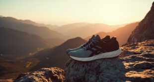 Running shoes on mountain ledge overlooking expansive valley landscape with dramatic sky
