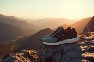 Running shoes on mountain ledge overlooking expansive valley landscape with dramatic sky