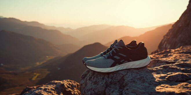 Running shoes on mountain ledge overlooking expansive valley landscape with dramatic sky