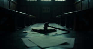 Dark courthouse interior showing wooden judge bench, gavel, and scattered legal documents on polished surface.