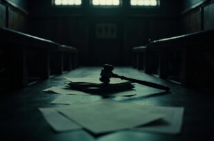 Dark courthouse interior showing wooden judge bench, gavel, and scattered legal documents on polished surface.