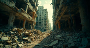 Collapsed concrete apartment building with exposed floors amid rubble and dust clouds in urban setting