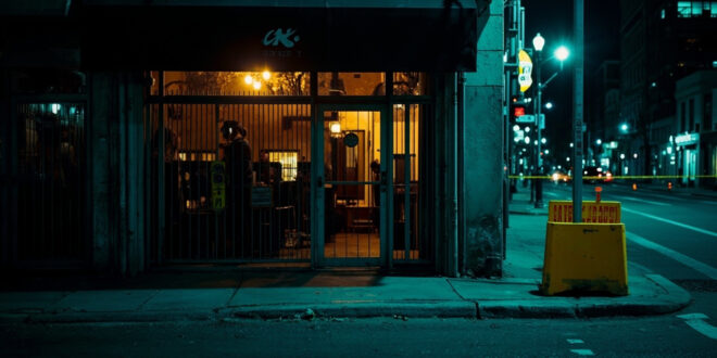 Restaurant storefront behind police barriers on empty urban street with security lighting