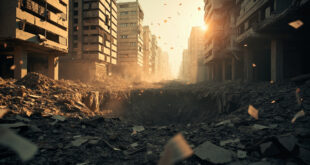 Crater in concrete surrounded by scattered papers and rubble in urban government district