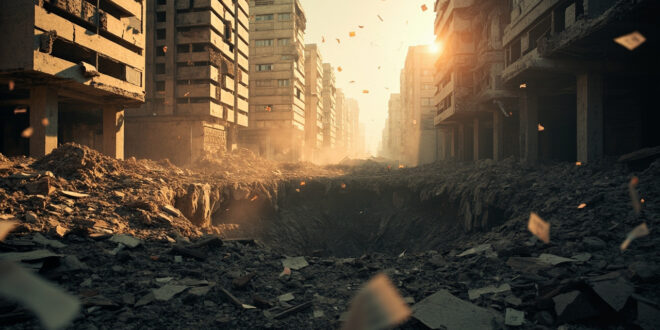 Crater in concrete surrounded by scattered papers and rubble in urban government district