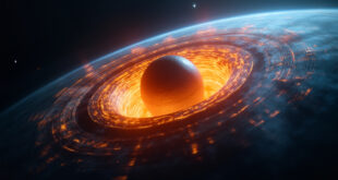 Cross-section of Earth showing glowing inner core surrounded by swirling magnetic field lines in orange and blue tones