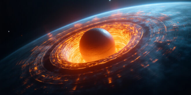 Cross-section of Earth showing glowing inner core surrounded by swirling magnetic field lines in orange and blue tones