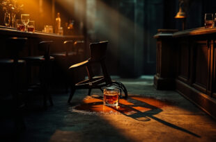 Dimly lit bar interior showing overturned stools and spilled drinks on polished counter