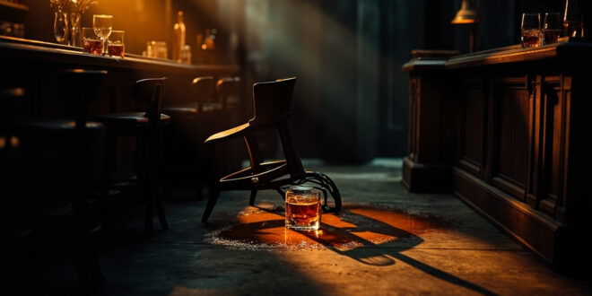 Dimly lit bar interior showing overturned stools and spilled drinks on polished counter