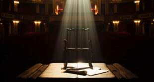 Empty Broadway theater stage with spotlight on vacant chair, script visible on podium, red velvet seats in background