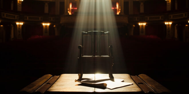 Empty Broadway theater stage with spotlight on vacant chair, script visible on podium, red velvet seats in background