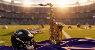 Golden baritone saxophone positioned next to purple Ravens football helmet on stadium turf under bright lights