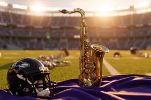 Golden baritone saxophone positioned next to purple Ravens football helmet on stadium turf under bright lights
