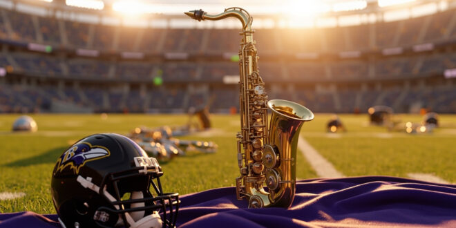 Golden baritone saxophone positioned next to purple Ravens football helmet on stadium turf under bright lights