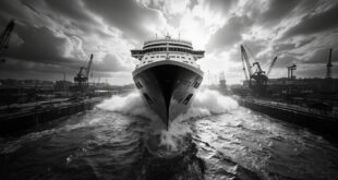 Massive white cruise ship hull floating in industrial shipyard dock surrounded by construction cranes and facilities