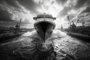Massive white cruise ship hull floating in industrial shipyard dock surrounded by construction cranes and facilities