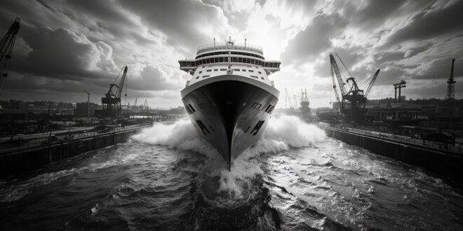 Massive white cruise ship hull floating in industrial shipyard dock surrounded by construction cranes and facilities