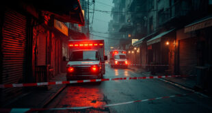 Ambulance surrounded by red and white incident tape on empty street outside closed restaurant.