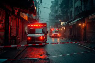 Ambulance surrounded by red and white incident tape on empty street outside closed restaurant.