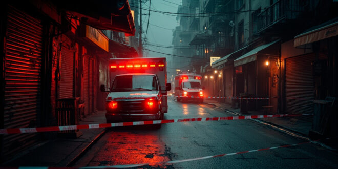 Ambulance surrounded by red and white incident tape on empty street outside closed restaurant.
