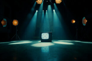 Dark television studio with bright stage lights casting dramatic shadows across an empty performance area