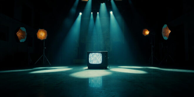 Dark television studio with bright stage lights casting dramatic shadows across an empty performance area