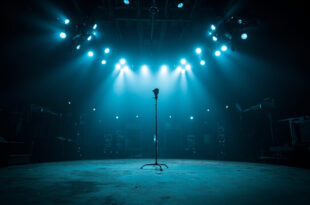 Empty television studio with single microphone stand illuminated against dark backdrop of silent broadcast equipment