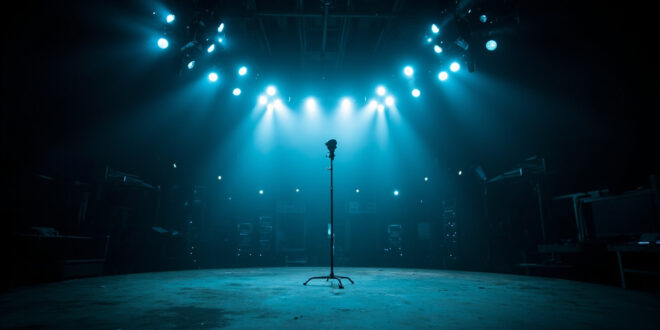 Empty television studio with single microphone stand illuminated against dark backdrop of silent broadcast equipment