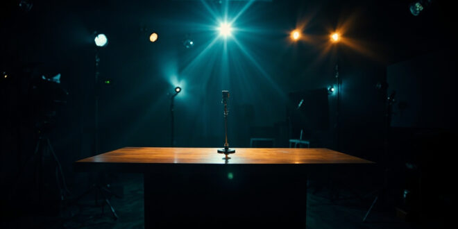 Empty television studio with microphone on desk under dramatic lighting surrounded by cameras and production equipment