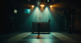 Empty late night television studio with vintage microphone on host desk, cameras and lighting equipment visible in shadows