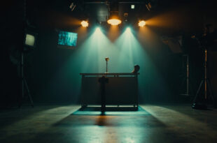 Empty late night television studio with vintage microphone on host desk, cameras and lighting equipment visible in shadows