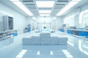 Sterile medical examination room with surgical instruments and fresh bandages on examination table