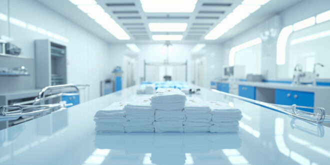 Sterile medical examination room with surgical instruments and fresh bandages on examination table