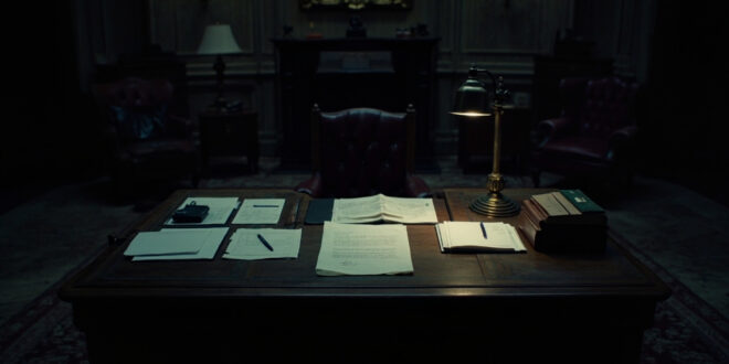 Empty government office with formal desk, scattered official documents, and vacant leather chair in dim lighting.