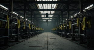 Empty industrial factory floor with yellow safety vests hanging on hooks near silent machinery and production equipment