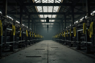 Empty industrial factory floor with yellow safety vests hanging on hooks near silent machinery and production equipment
