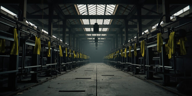 Empty industrial factory floor with yellow safety vests hanging on hooks near silent machinery and production equipment