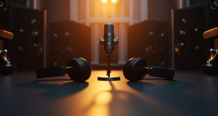 Professional recording studio microphone and headphones in warm golden lighting against dark background
