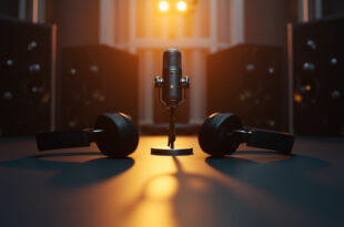 Professional recording studio microphone and headphones in warm golden lighting against dark background