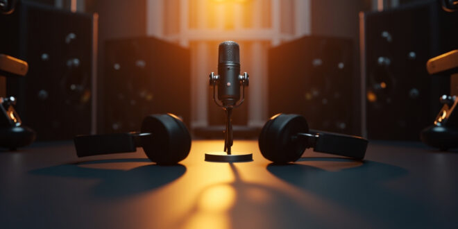 Professional recording studio microphone and headphones in warm golden lighting against dark background
