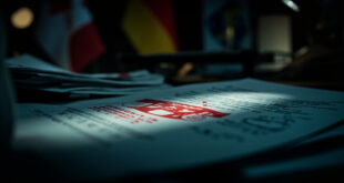 Travel warning documents with red advisory stamps and maple leaf emblems on government desk with flags in background.