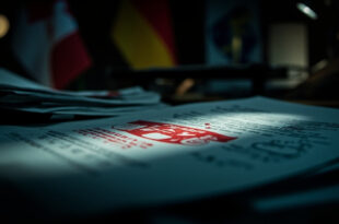 Travel warning documents with red advisory stamps and maple leaf emblems on government desk with flags in background.