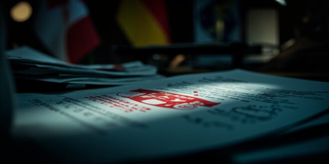 Travel warning documents with red advisory stamps and maple leaf emblems on government desk with flags in background.